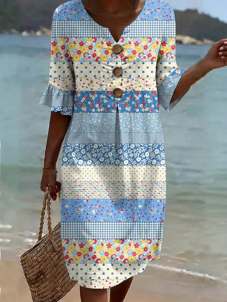 Floral Art Print Short Sleeve Retro Dress